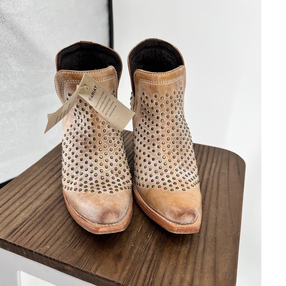 Ariat Dixon Studs Western Ankle Boots Old West Tan Leather 10038382 Womens 7 B - Picture 2 of 9
